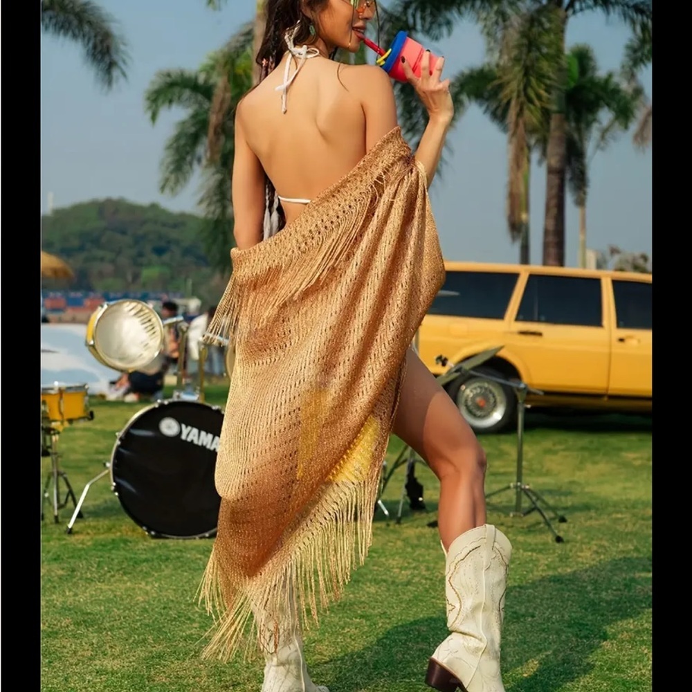 Gold Metallic Fringe Beach Cover-Up Wrap - Picture 4 of 5